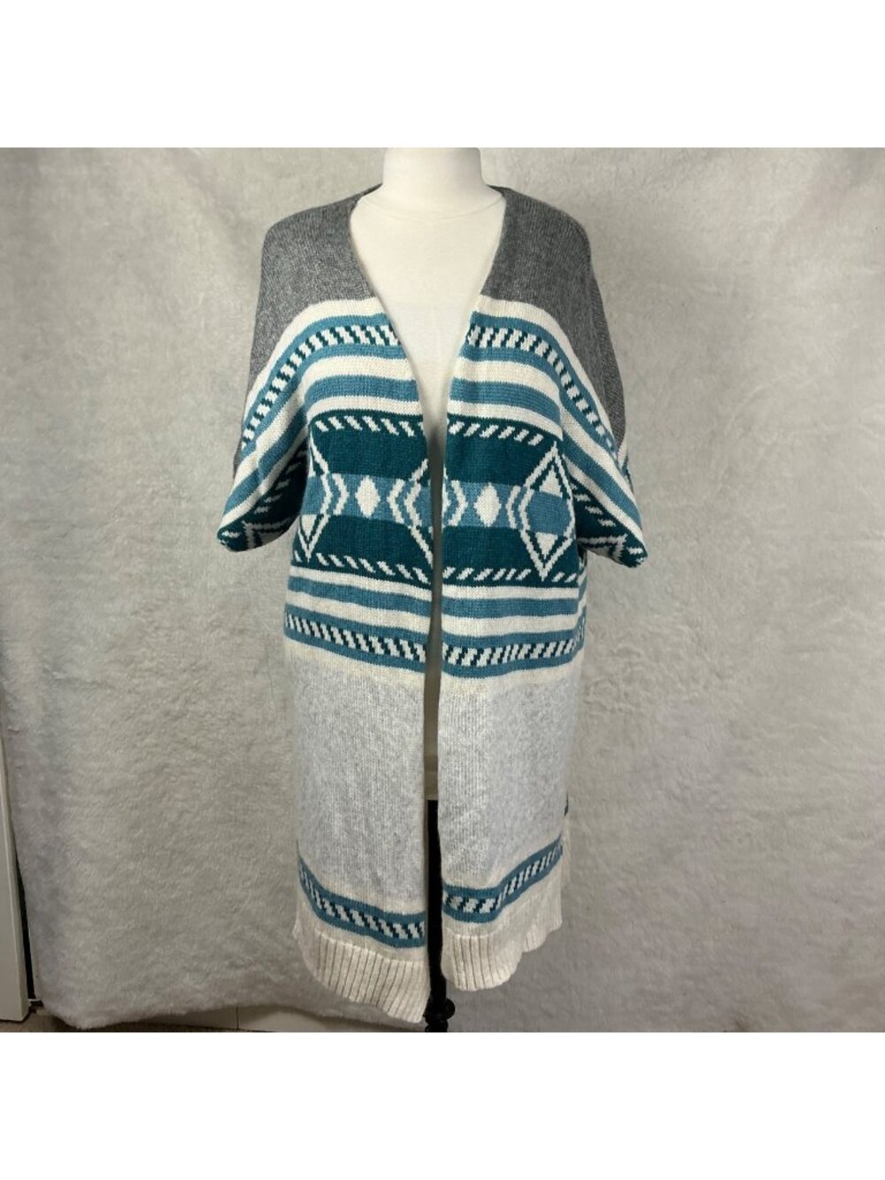 NWT Sonoma plus size 2X-3X Open Front Cardigan kimono Sweater Gray & Teal Aztec